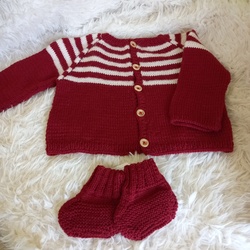 Gilet pure laine 6 Mois BB merinos Rouge et Ecru - Filoofil