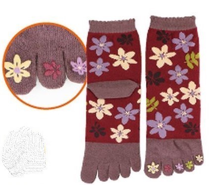 Chaussettes japonaises 5 orteils, imprimé fleur bordeaux - Voir en grand