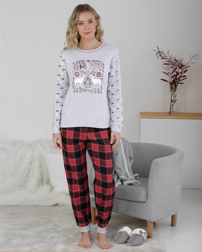 Massana P711216 Pyjama long en coton gris et rouge carreaux thème polaire bande élastique - Voir en grand