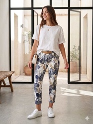 PANTALON 7/8 �me FEUILLAGE TROPICAL STARK - ANN'MODE 