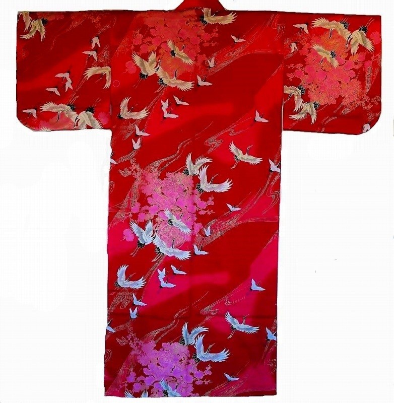 Yukata kimono en coton grues en vol rouge- femme - Comptoir du Japon - Voir en grand