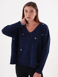 PULL V BLEU NUIT OEILLETS ARGENT MAUD ET SACHA - ANN'MODE 