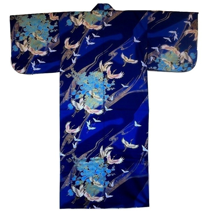 yukata kimono en coton bleu grue en vol pour femme - Comptoir du Japon - Voir en grand