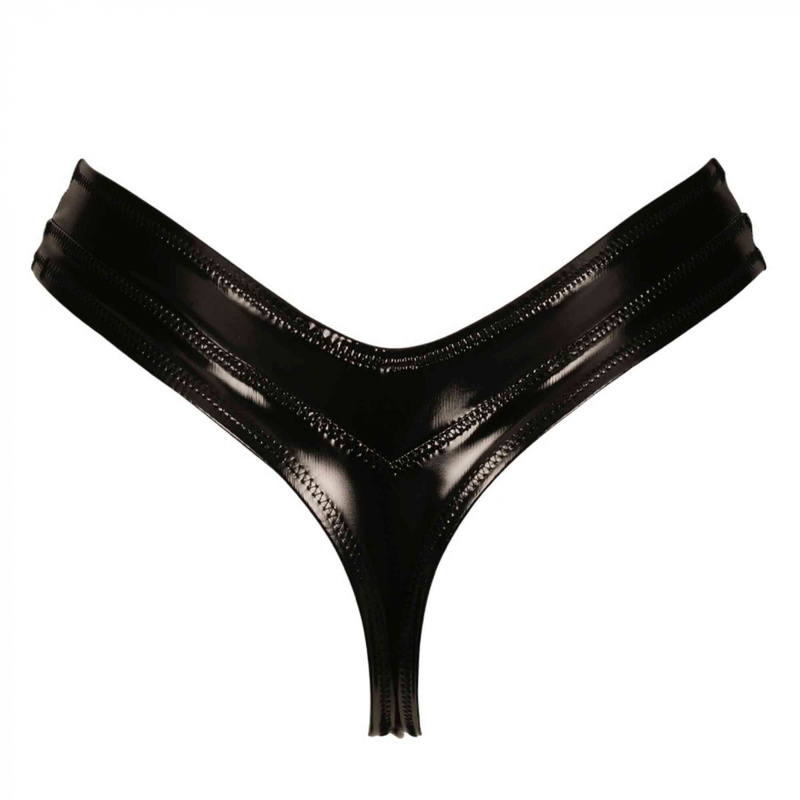 Patrice Catanzaro Jade String taille haute noir en vinyle sexy découpe en V - Voir en grand