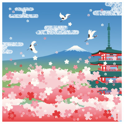 Furoshiki 50 cm  Pagode et Fuji au printemps - Comptoir du Japon - Voir en grand