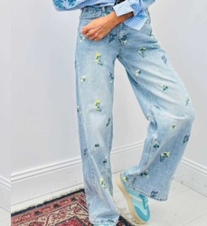 JEAN WIDE LEG BLEU AVEC FLEURS ADORO - ANN'MODE 